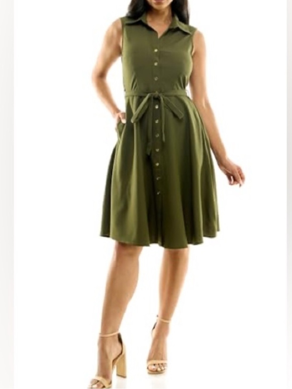Sharagano Olive Green Sleeveless Button-Front Dress with pockets and Waist Tie